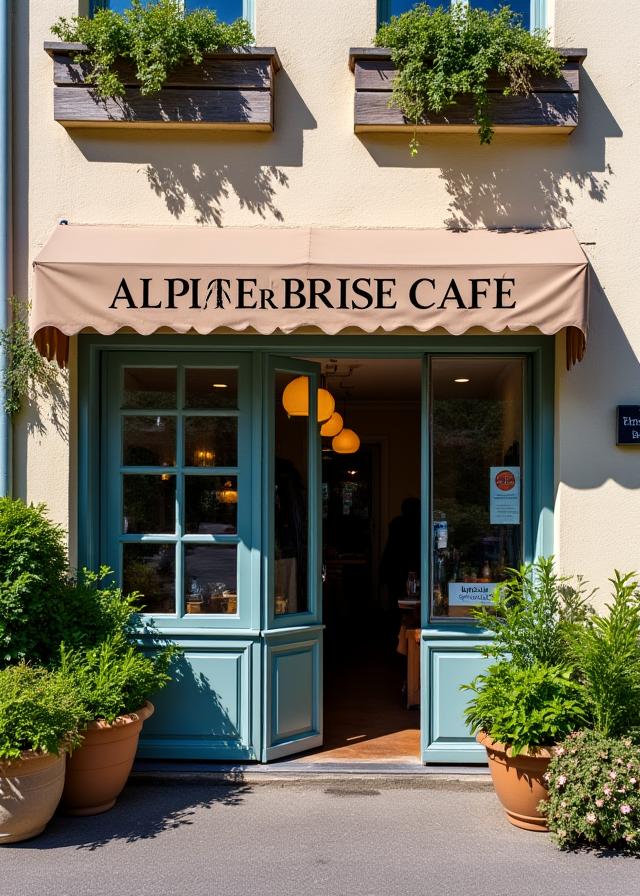 Die Fassade des Alpenbrise Café an einem sonnigen Tag in Thun.