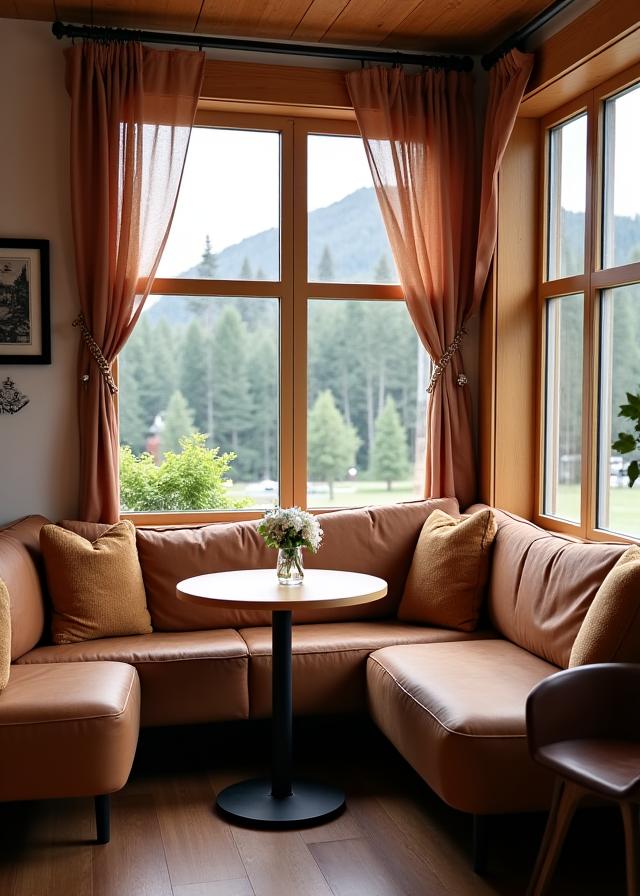 Gemütliche Sitzecke am Fenster des Alpenbrise Café.