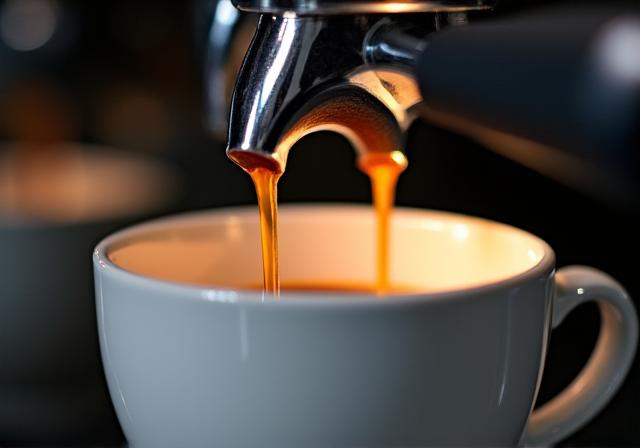 Nahaufnahme einer Espressomaschine bei der Zubereitung.