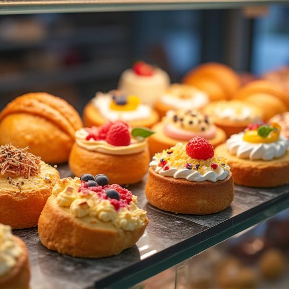 Eine Auswahl an frischen Croissants und feinen Kuchen in der Vitrine.