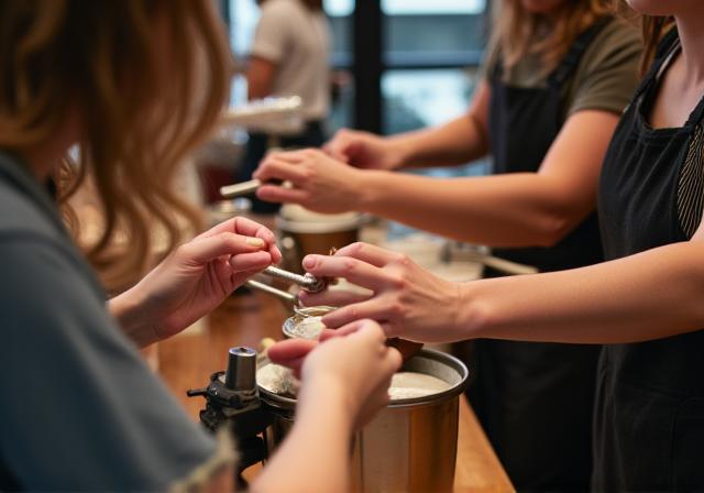 Teilnehmer eines Kaffee-Workshops lernen, wie man Milch für Latte Art aufschäumt.