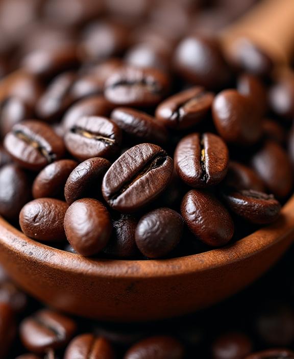 Nahaufnahme von frisch gerösteten Kaffeebohnen in einer Schale.